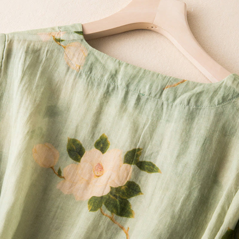 Buddha Stones Jasnozielony Casual Artystyczny Nadruk Kwiatowy Wzór Chiński Żaba-Guzik Damska Bawełniana Lniana Koszula Z Długim Rękawem Kardigan - image 5