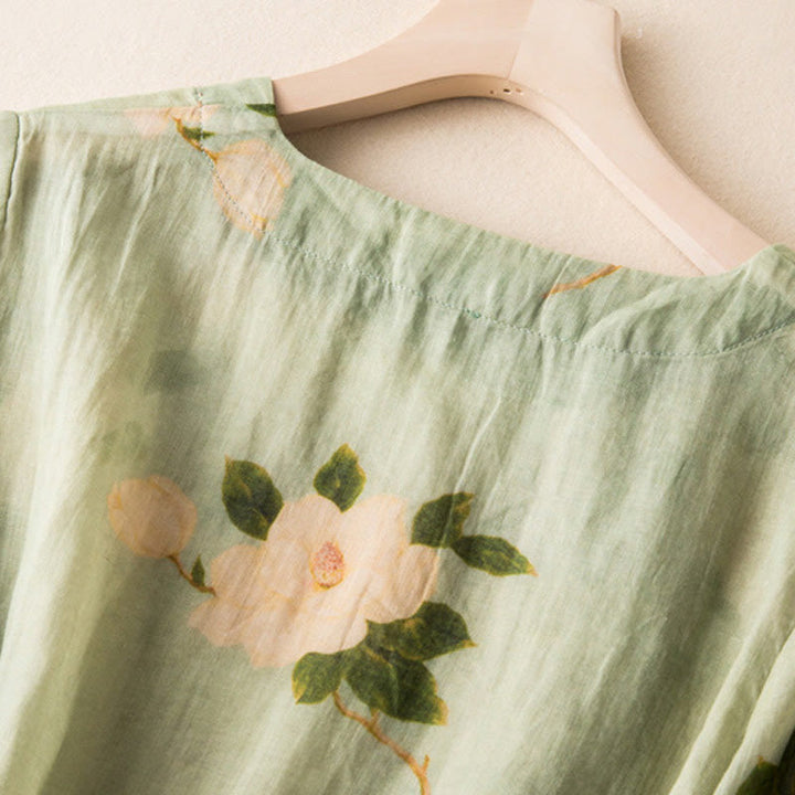 Buddha Stones Jasnozielony Casual Artystyczny Nadruk Kwiatowy Wzór Chiński Żaba-Guzik Damska Bawełniana Lniana Koszula Z Długim Rękawem Kardigan - image 5