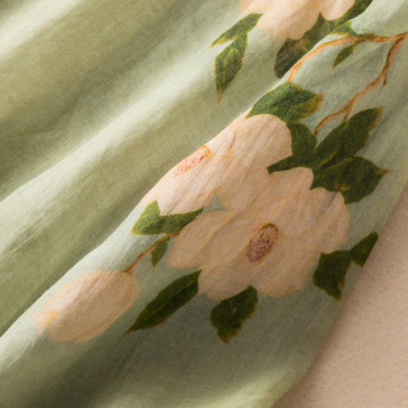 Buddha Stones Jasnozielony Casual Artystyczny Nadruk Kwiatowy Wzór Chiński Żaba-Guzik Damska Bawełniana Lniana Koszula Z Długim Rękawem Kardigan - image 9