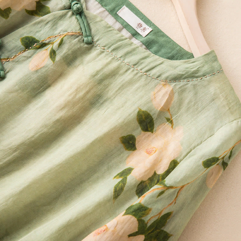 Buddha Stones Jasnozielony Casual Artystyczny Nadruk Kwiatowy Wzór Chiński Żaba-Guzik Damska Bawełniana Lniana Koszula Z Długim Rękawem Kardigan - image 3