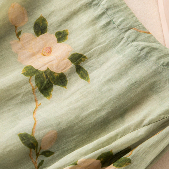 Buddha Stones Jasnozielony Casual Artystyczny Nadruk Kwiatowy Wzór Chiński Żaba-Guzik Damska Bawełniana Lniana Koszula Z Długim Rękawem Kardigan - image 11