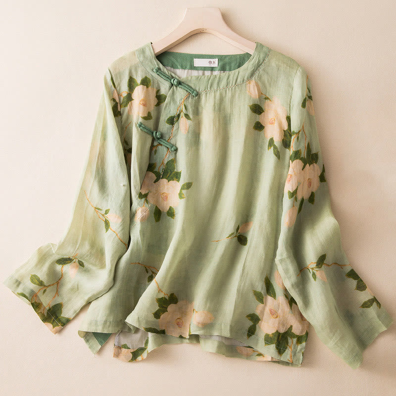 Buddha Stones Jasnozielony Casual Artystyczny Nadruk Kwiatowy Wzór Chiński Żaba-Guzik Damska Bawełniana Lniana Koszula Z Długim Rękawem Kardigan - Jasnozielony - US8-10，UK/AU12-14，EU40-42 (2XL) - image 0