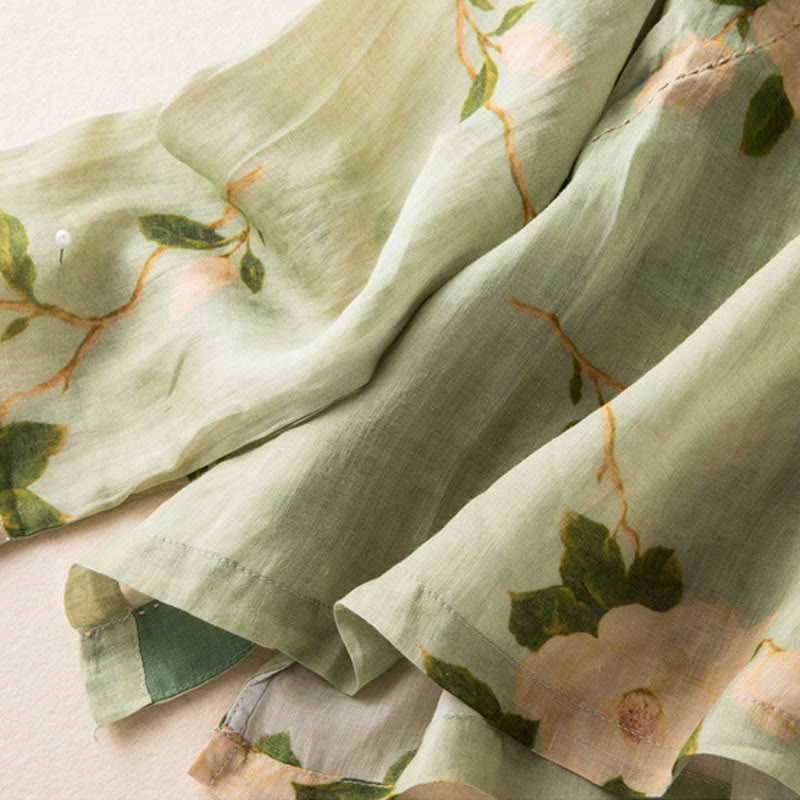 Buddha Stones Jasnozielony Casual Artystyczny Nadruk Kwiatowy Wzór Chiński Żaba-Guzik Damska Bawełniana Lniana Koszula Z Długim Rękawem Kardigan - image 16