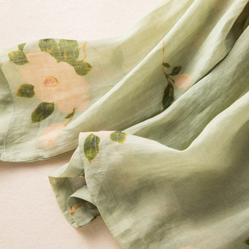 Buddha Stones Jasnozielony Casual Artystyczny Nadruk Kwiatowy Wzór Chiński Żaba-Guzik Damska Bawełniana Lniana Koszula Z Długim Rękawem Kardigan - image 10