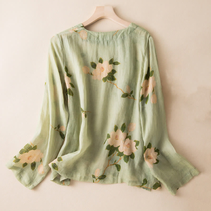 Buddha Stones Jasnozielony Casual Artystyczny Nadruk Kwiatowy Wzór Chiński Żaba-Guzik Damska Bawełniana Lniana Koszula Z Długim Rękawem Kardigan - image 1