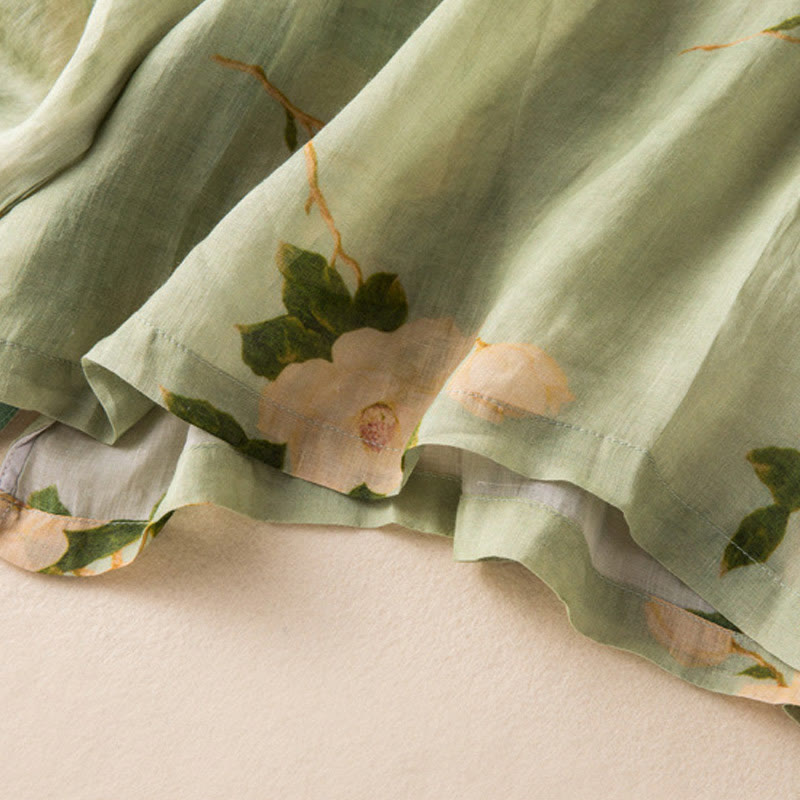 Buddha Stones Jasnozielony Casual Artystyczny Nadruk Kwiatowy Wzór Chiński Żaba-Guzik Damska Bawełniana Lniana Koszula Z Długim Rękawem Kardigan - image 15