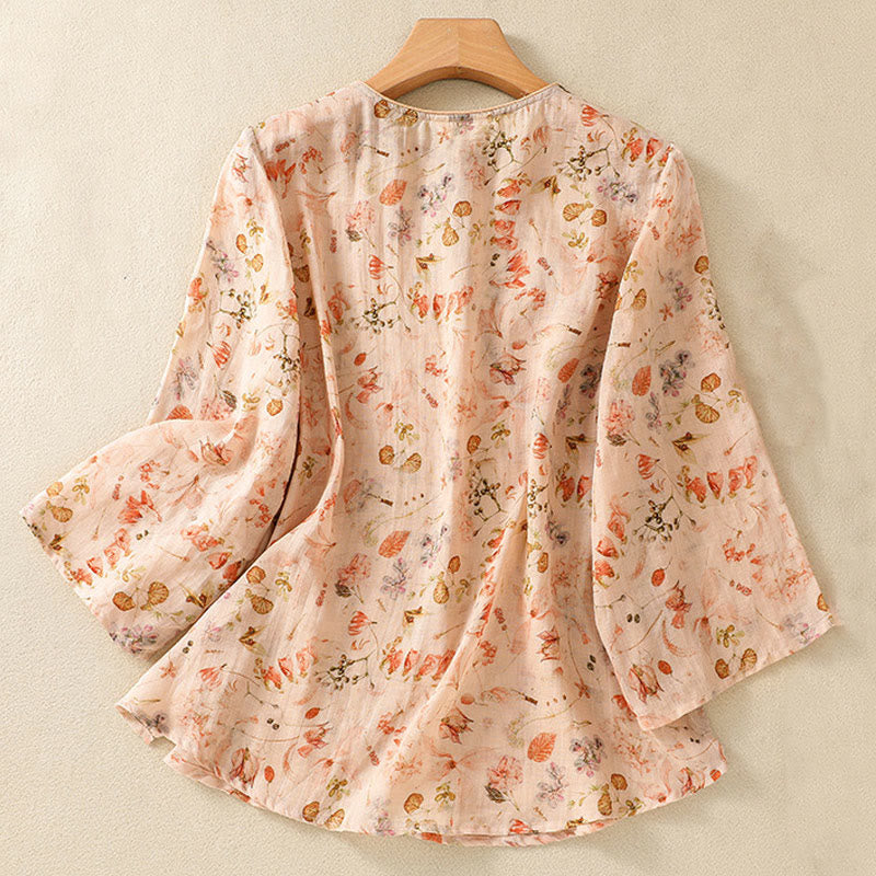 Koszula damska z długim rękawem z bawełny i lnu z nadrukiem w Buddha Stones na lato i swobodnym nadrukiem z żabą i guzikami