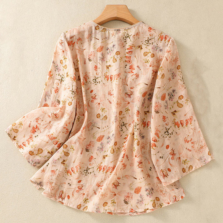 Koszula damska z długim rękawem z bawełny i lnu z nadrukiem w Buddha Stones na lato i swobodnym nadrukiem z żabą i guzikami