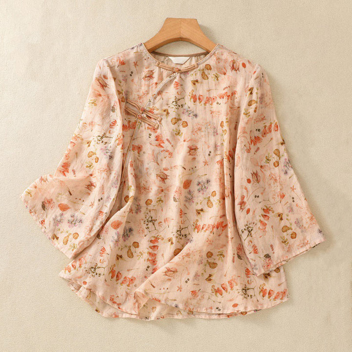 Koszula damska z długim rękawem z bawełny i lnu z nadrukiem w Buddha Stones na lato i swobodnym nadrukiem z żabą i guzikami