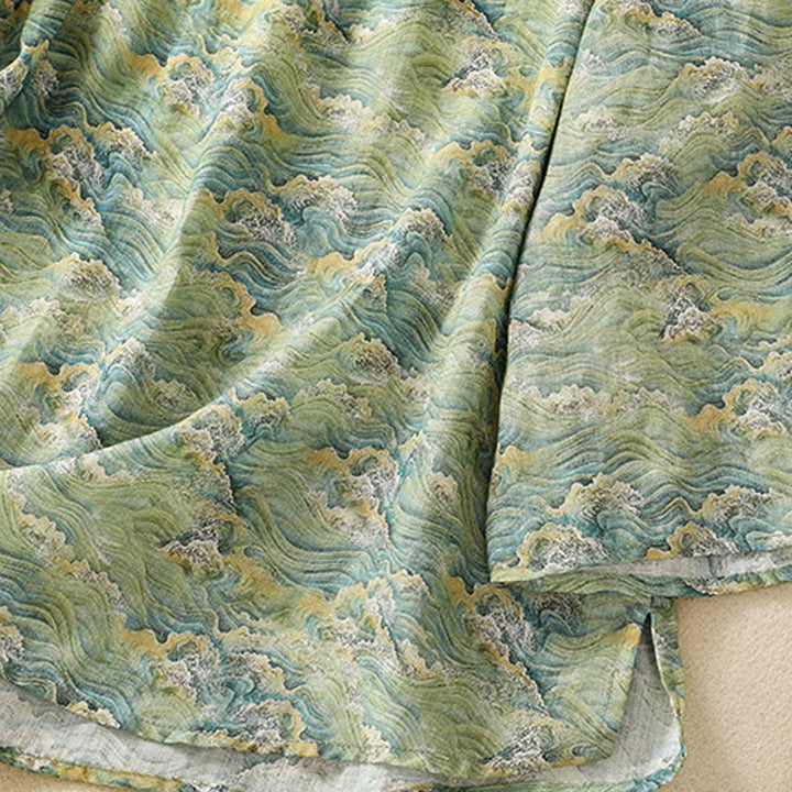 Koszula damska z długim rękawem z bawełny i lnu z nadrukiem w Buddha Stones na lato i swobodnym nadrukiem z żabą i guzikami