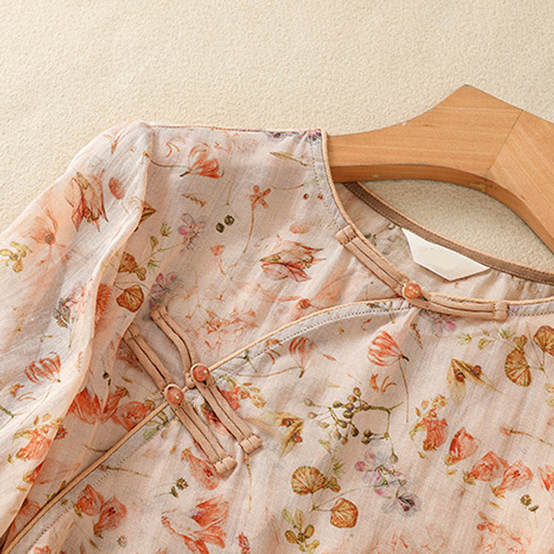 Koszula damska z długim rękawem z bawełny i lnu z nadrukiem w Buddha Stones na lato i swobodnym nadrukiem z żabą i guzikami