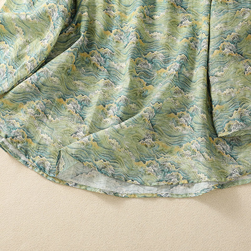 Koszula damska z długim rękawem z bawełny i lnu z nadrukiem w Buddha Stones na lato i swobodnym nadrukiem z żabą i guzikami