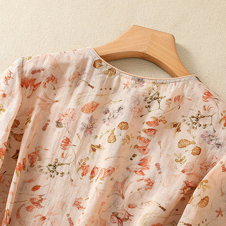 Koszula damska z długim rękawem z bawełny i lnu z nadrukiem w Buddha Stones na lato i swobodnym nadrukiem z żabą i guzikami - image 3