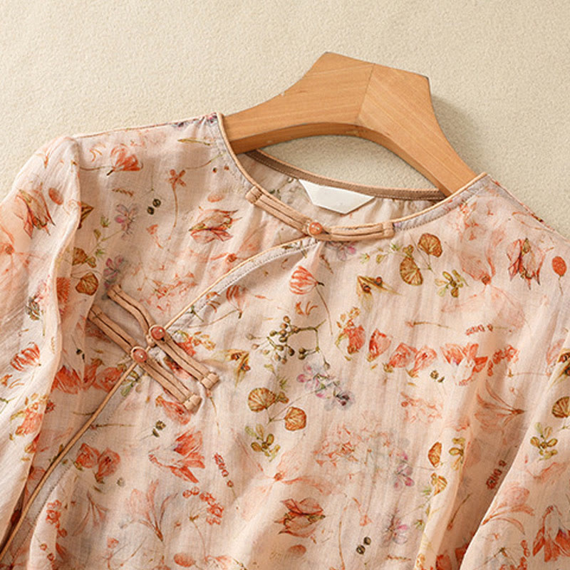 Koszula damska z długim rękawem z bawełny i lnu z nadrukiem w Buddha Stones na lato i swobodnym nadrukiem z żabą i guzikami