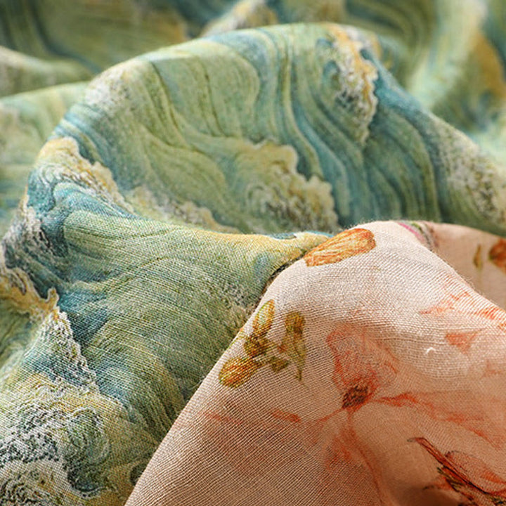 Koszula damska z długim rękawem z bawełny i lnu z nadrukiem w Buddha Stones na lato i swobodnym nadrukiem z żabą i guzikami