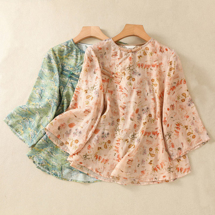 Koszula damska z długim rękawem z bawełny i lnu z nadrukiem w Buddha Stones na lato i swobodnym nadrukiem z żabą i guzikami