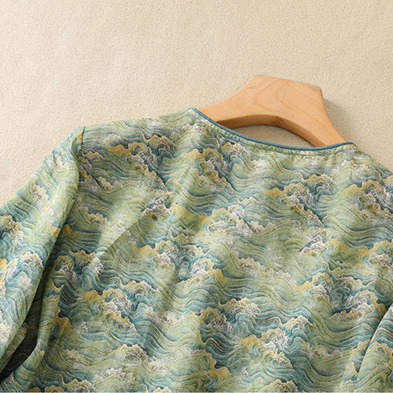 Koszula damska z długim rękawem z bawełny i lnu z nadrukiem w Buddha Stones na lato i swobodnym nadrukiem z żabą i guzikami - image 14