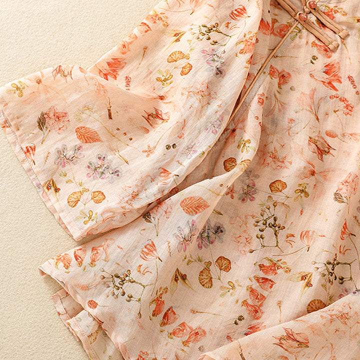 Koszula damska z długim rękawem z bawełny i lnu z nadrukiem w Buddha Stones na lato i swobodnym nadrukiem z żabą i guzikami