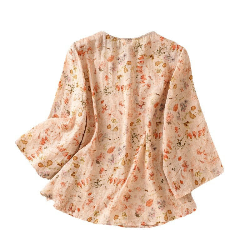 Koszula damska z długim rękawem z bawełny i lnu z nadrukiem w Buddha Stones na lato i swobodnym nadrukiem z żabą i guzikami