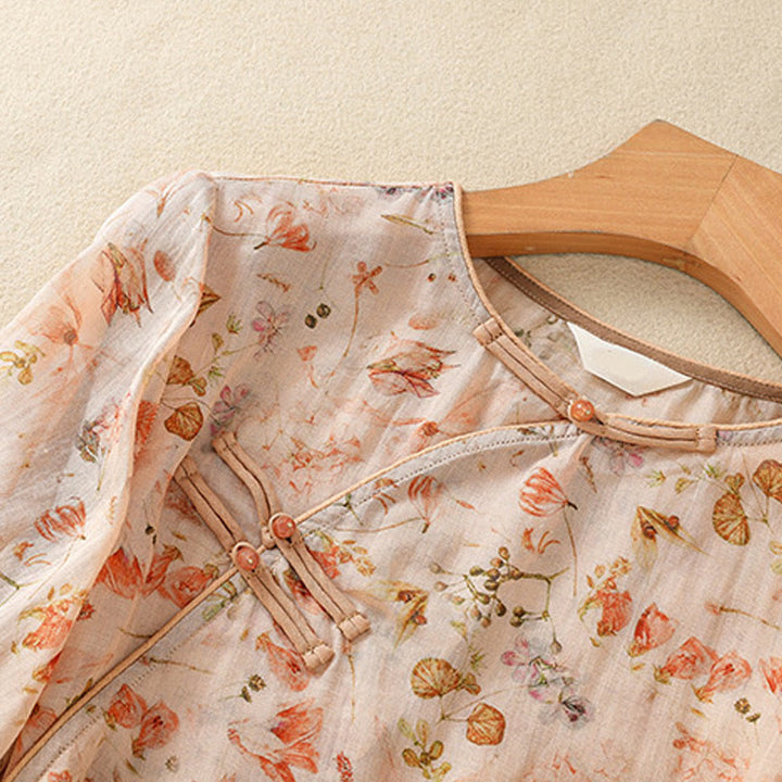 Koszula damska z długim rękawem z bawełny i lnu z nadrukiem w Buddha Stones na lato i swobodnym nadrukiem z żabą i guzikami - image 4