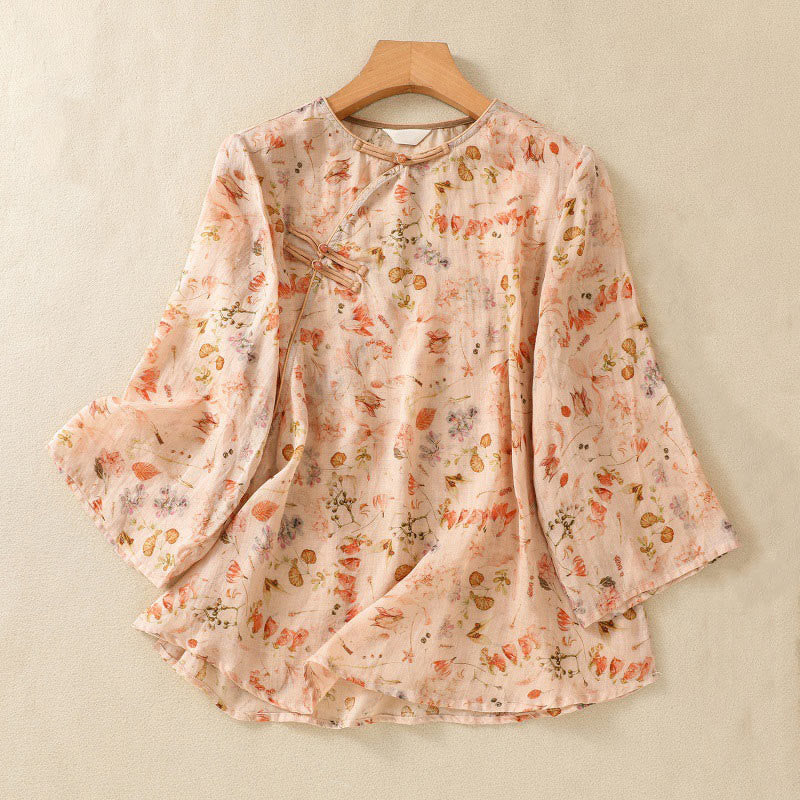 Koszula damska z długim rękawem z bawełny i lnu z nadrukiem w Buddha Stones na lato i swobodnym nadrukiem z żabą i guzikami - NavajoWhite - US8-10，UK/AU12-14，EU40-42 (2XL) - image 0