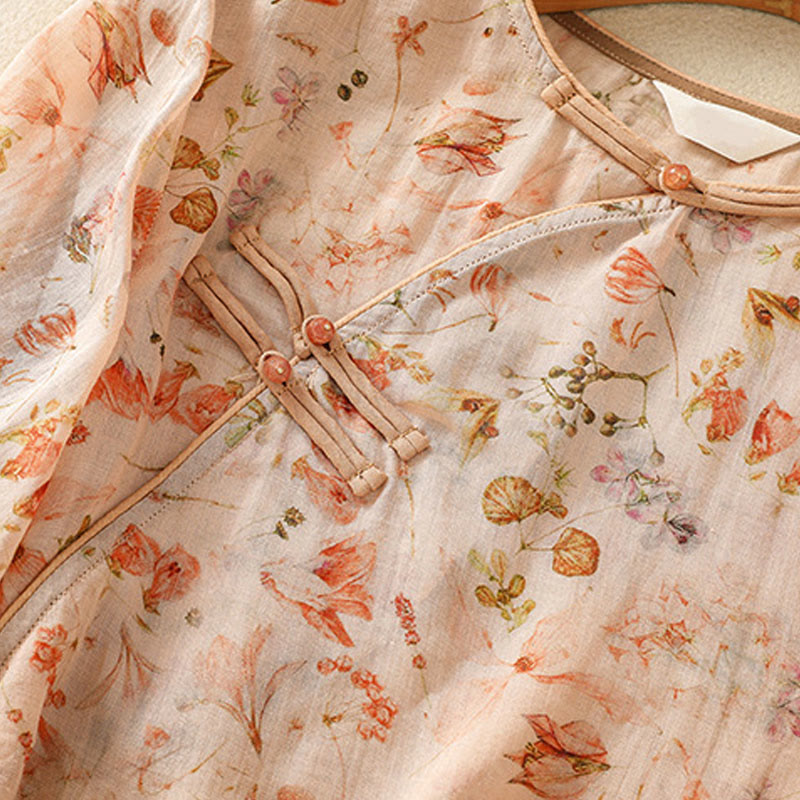 Koszula damska z długim rękawem z bawełny i lnu z nadrukiem w Buddha Stones na lato i swobodnym nadrukiem z żabą i guzikami