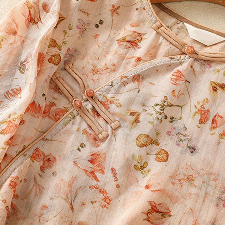 Koszula damska z długim rękawem z bawełny i lnu z nadrukiem w Buddha Stones na lato i swobodnym nadrukiem z żabą i guzikami