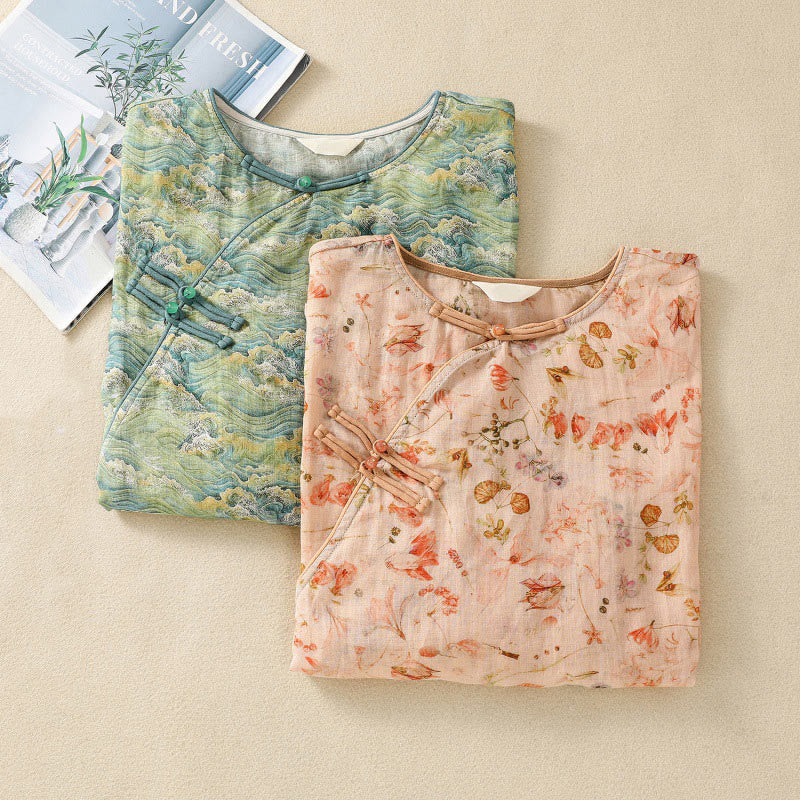 Koszula damska z długim rękawem z bawełny i lnu z nadrukiem w Buddha Stones na lato i swobodnym nadrukiem z żabą i guzikami