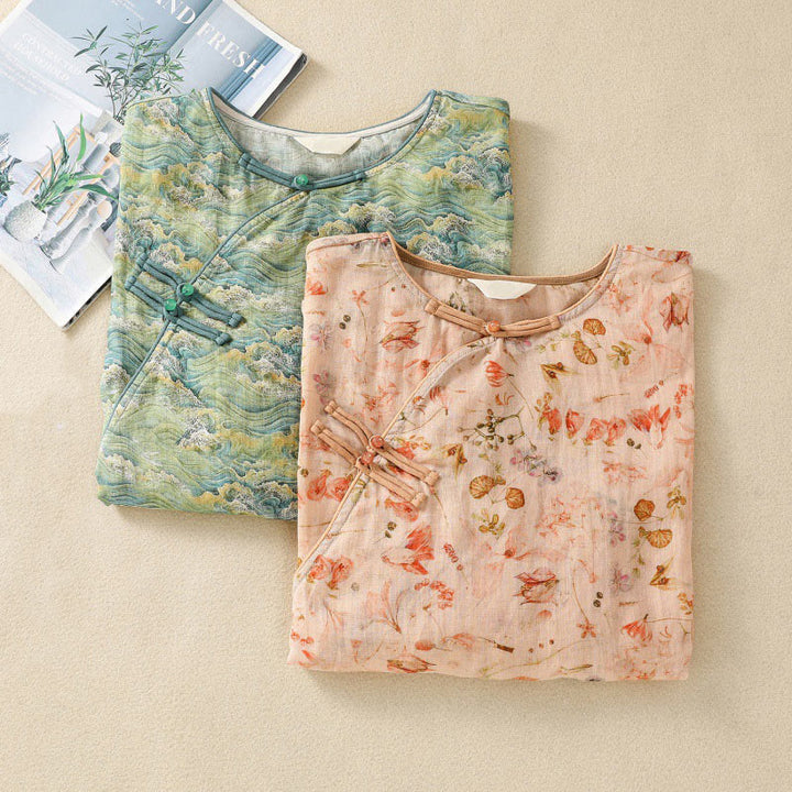 Koszula damska z długim rękawem z bawełny i lnu z nadrukiem w Buddha Stones na lato i swobodnym nadrukiem z żabą i guzikami