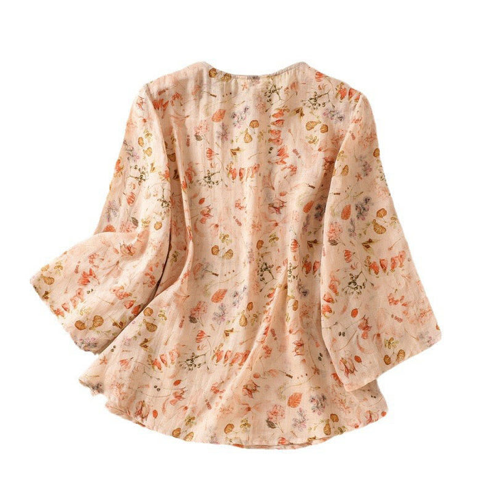 Koszula damska z długim rękawem z bawełny i lnu z nadrukiem w Buddha Stones na lato i swobodnym nadrukiem z żabą i guzikami - image 9