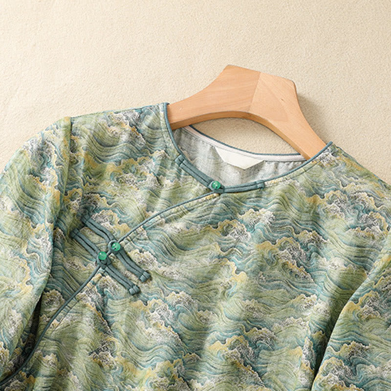 Koszula damska z długim rękawem z bawełny i lnu z nadrukiem w Buddha Stones na lato i swobodnym nadrukiem z żabą i guzikami - image 12