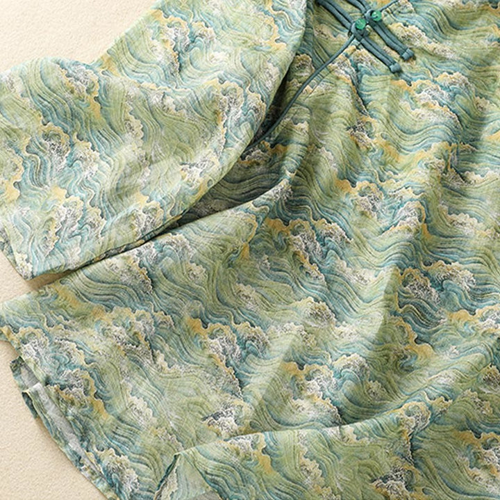 Koszula damska z długim rękawem z bawełny i lnu z nadrukiem w Buddha Stones na lato i swobodnym nadrukiem z żabą i guzikami - image 15