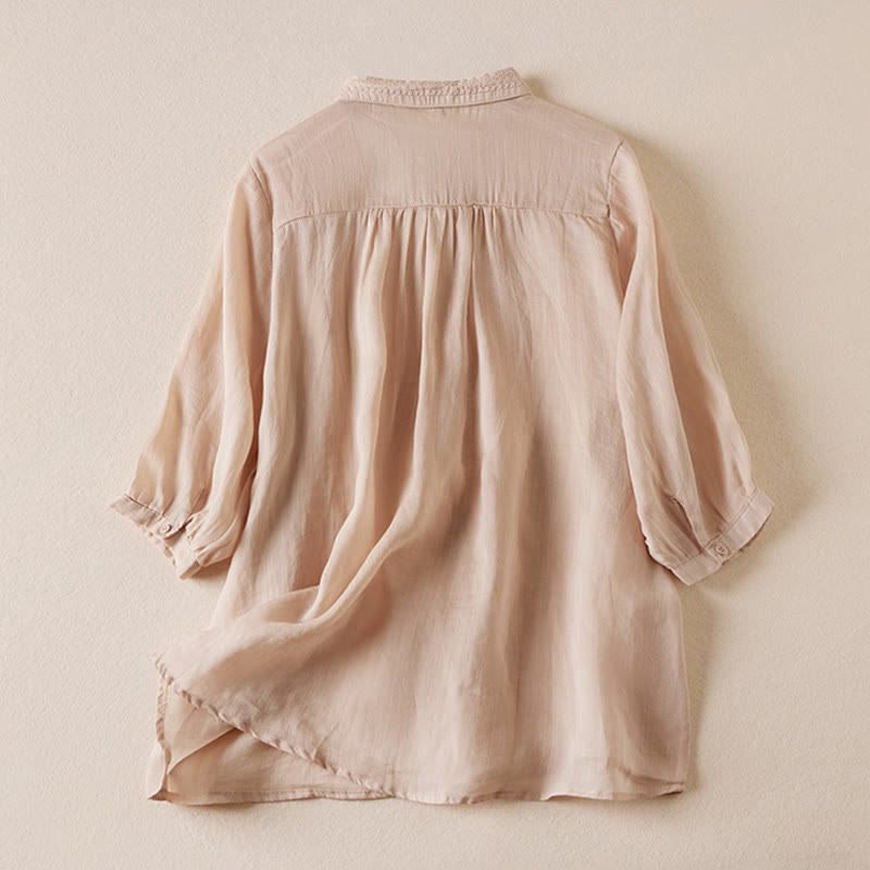 Koszula damska z krótkim rękawem i bawełnianym lnem w kwiaty w stylu vintage, casual, w jednolitym kolorze, z haftowanymi guzikami - image 1