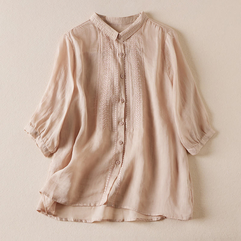 Koszula damska z krótkim rękawem i bawełnianym lnem w kwiaty w stylu vintage, casual, w jednolitym kolorze, z haftowanymi guzikami - BurlyWood - US8-10，UK/AU12-14，EU40-42 (2XL) - image 0