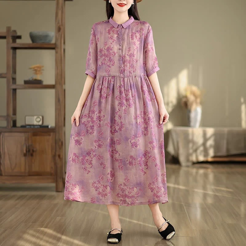 Sukienka midi z bawełny z krótkim rękawem i kieszeniami, z nadrukiem retro z motywem Buddha Stones i ściągaczem - Magenta - US8-10，UK/AU12-14，EU40-42 (2XL) - image 12
