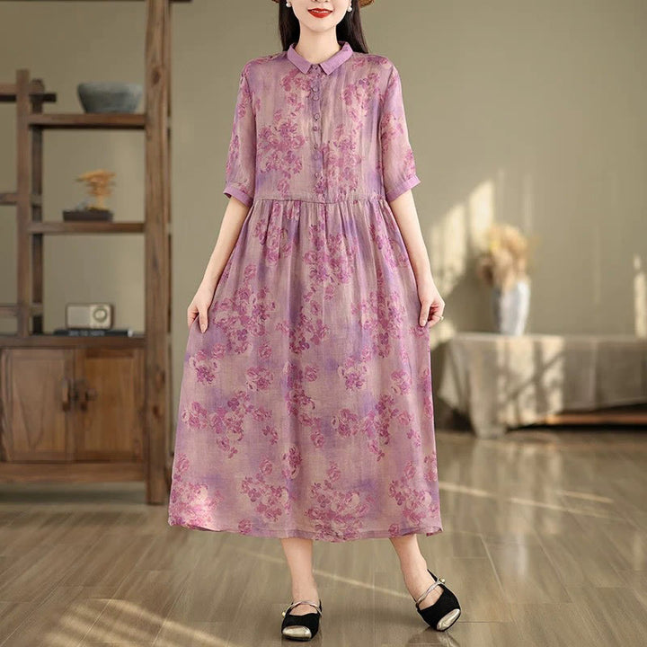 Sukienka midi z bawełny z krótkim rękawem i kieszeniami, z nadrukiem retro z motywem Buddha Stones i ściągaczem - Magenta - US8-10，UK/AU12-14，EU40-42 (2XL) - image 12