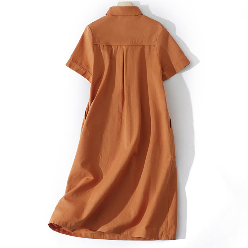 Sukienka midi z krótkim rękawem z bawełny Buddha Stones w jednolitym kolorze, z krótkim rękawem i kieszeniami - image 1