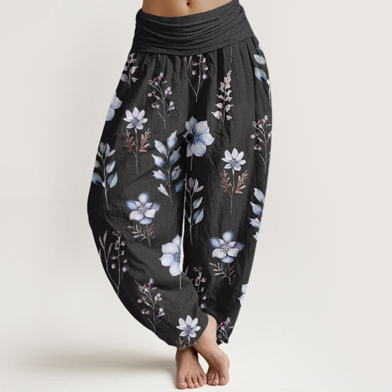 Buddha Stones Casual Delikatne Kwiatowe Liście Wzór Damskie Spodnie Harem Elastyczna Talia - Czarny - US22, UK/AU26, EU54 (6XL) - image 1