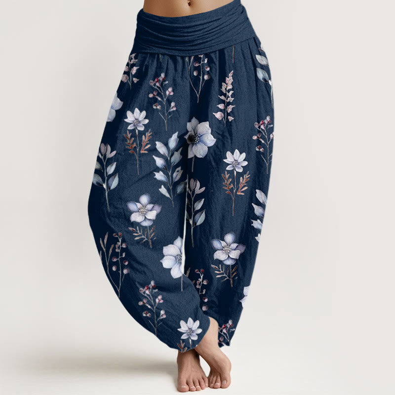 Buddha Stones Casual Delikatne Kwiatowe Liście Wzór Damskie Spodnie Harem Elastyczna Talia - MidnightBlue - US22, UK/AU26, EU54 (6XL) - image 5