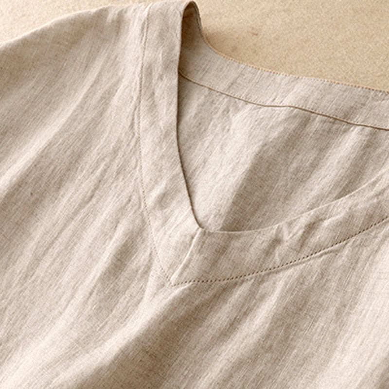 Buddha Stones Casual Artystyczny Jednolity Kolor Prosty Design Wysoki Stan Krótki Rękaw Bawełna Lniana Sukienka Midi Z Kieszeniami - image 3