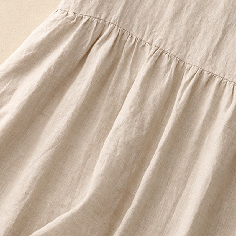 Buddha Stones Casual Artystyczny Jednolity Kolor Prosty Design Wysoki Stan Krótki Rękaw Bawełna Lniana Sukienka Midi Z Kieszeniami - image 5