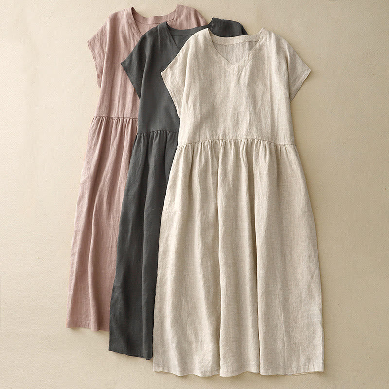 Buddha Stones Casual Artystyczny Jednolity Kolor Prosty Design Wysoki Stan Krótki Rękaw Bawełna Lniana Sukienka Midi Z Kieszeniami - image 19