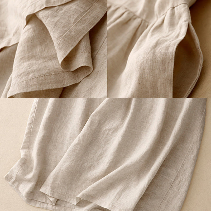 Buddha Stones Casual Artystyczny Jednolity Kolor Prosty Design Wysoki Stan Krótki Rękaw Bawełna Lniana Sukienka Midi Z Kieszeniami - image 8