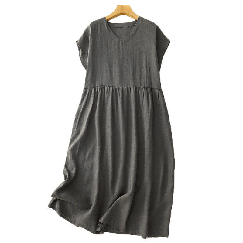 Buddha Stones Casual Artystyczny Jednolity Kolor Prosty Design Wysoki Stan Krótki Rękaw Bawełna Lniana Sukienka Midi Z Kieszeniami - image 13