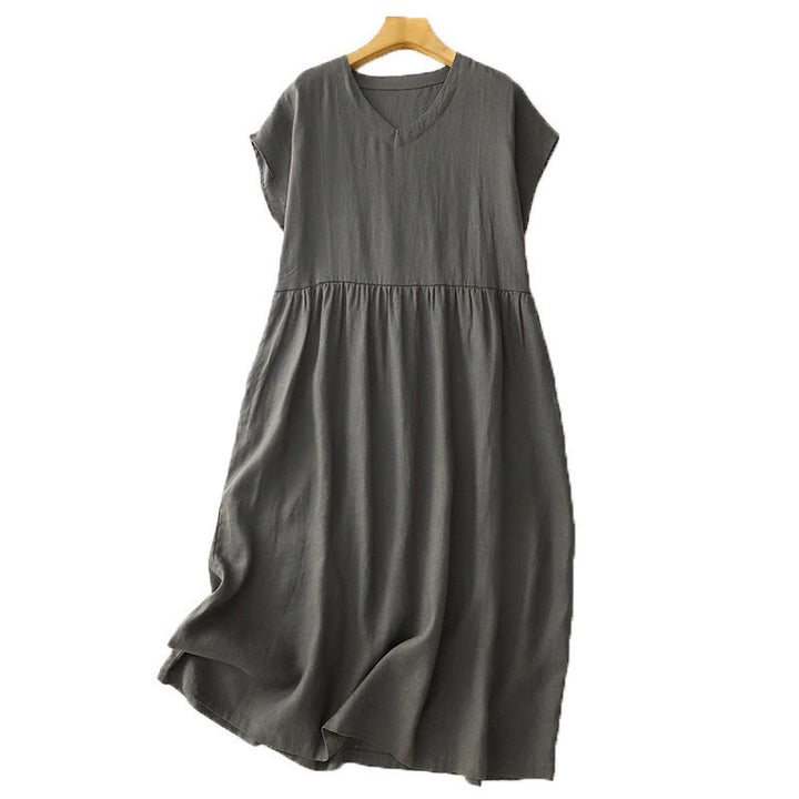 Buddha Stones Casual Artystyczny Jednolity Kolor Prosty Design Wysoki Stan Krótki Rękaw Bawełna Lniana Sukienka Midi Z Kieszeniami - image 13