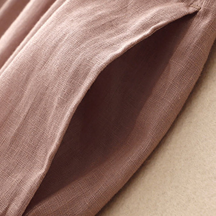 Buddha Stones Casual Artystyczny Jednolity Kolor Prosty Design Wysoki Stan Krótki Rękaw Bawełna Lniana Sukienka Midi Z Kieszeniami - image 19