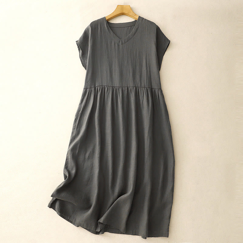 Buddha Stones Casual Artystyczny Jednolity Kolor Prosty Design Wysoki Stan Krótki Rękaw Bawełna Lniana Sukienka Midi Z Kieszeniami - Łupkowoszary - US8-10，UK/AU12-14，EU40-42 (2XL) - image 9
