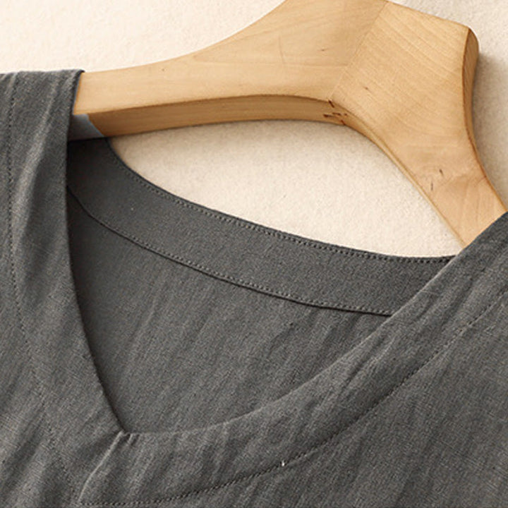 Buddha Stones Casual Artystyczny Jednolity Kolor Prosty Design Wysoki Stan Krótki Rękaw Bawełna Lniana Sukienka Midi Z Kieszeniami - image 10