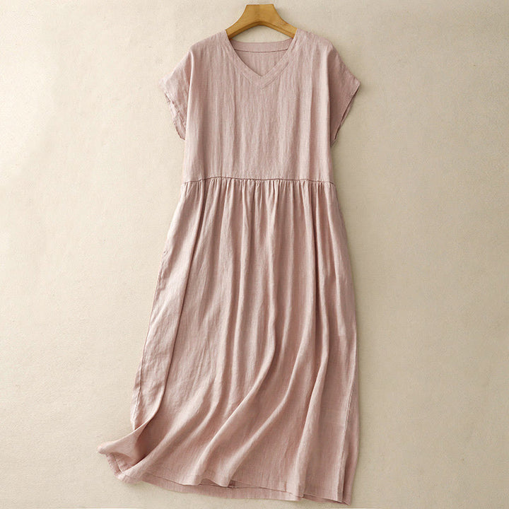 Buddha Stones Casual Artystyczny Jednolity Kolor Prosty Design Wysoki Stan Krótki Rękaw Bawełna Lniana Sukienka Midi Z Kieszeniami - Różowy - US8-10，UK/AU12-14，EU40-42 (2XL) - image 15