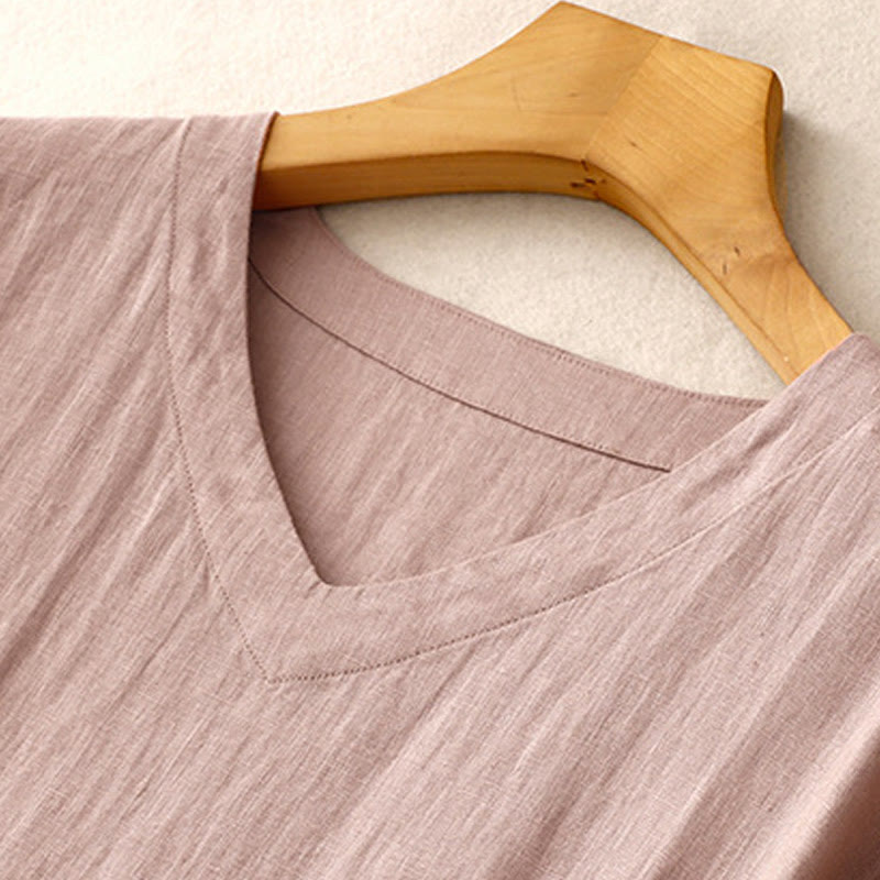 Buddha Stones Casual Artystyczny Jednolity Kolor Prosty Design Wysoki Stan Krótki Rękaw Bawełna Lniana Sukienka Midi Z Kieszeniami - image 15